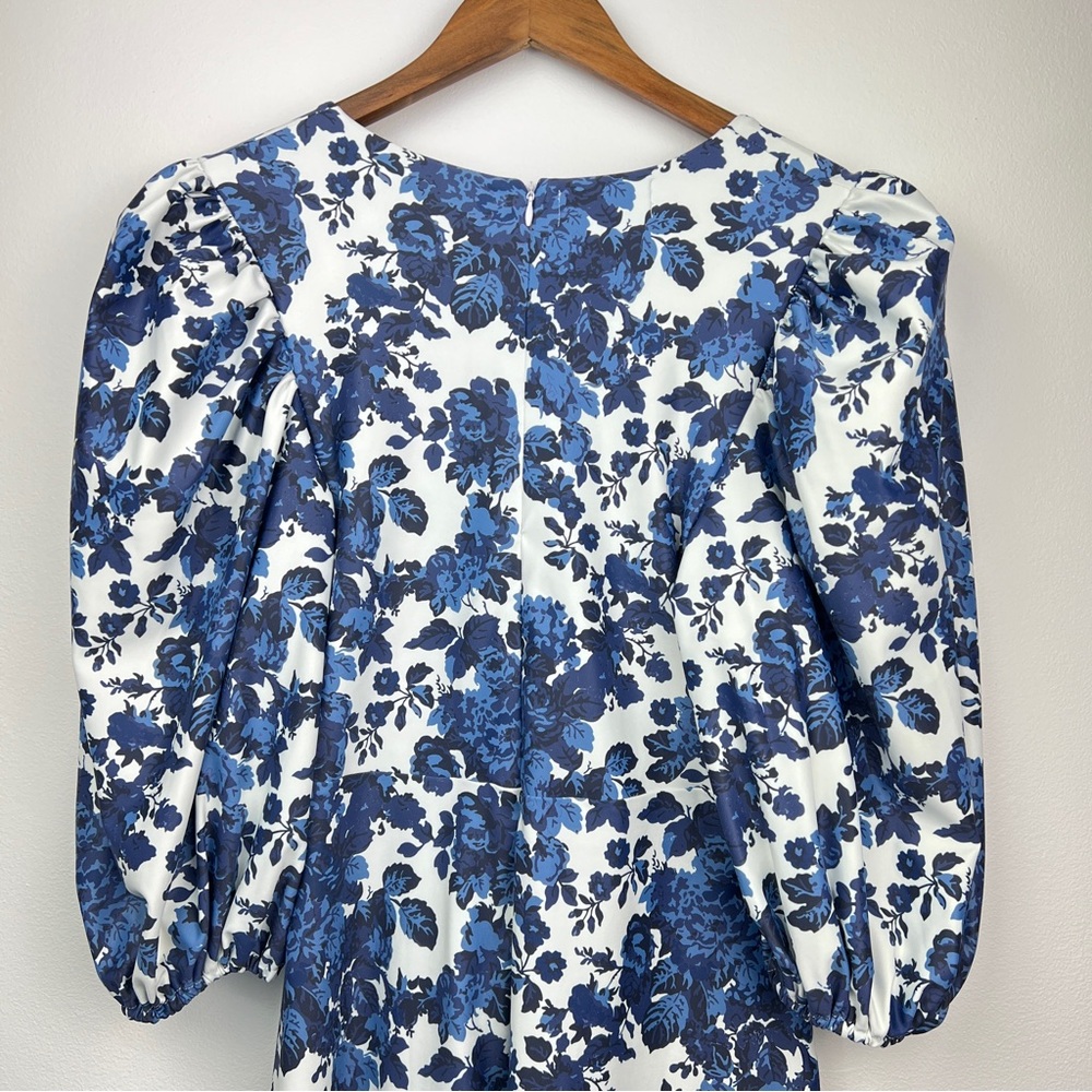 Smith & Quinn Floral Puff Sleeve Bow Detail Mini/Midi Dress Size Small Blue - Picture 9 of 12